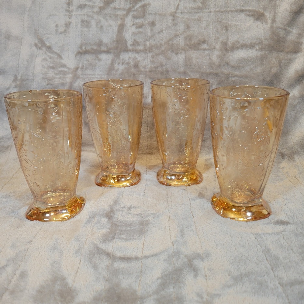 Jeannette Glass Floragold Louisa Tumblers Set of 4 Carnival Glass 5"